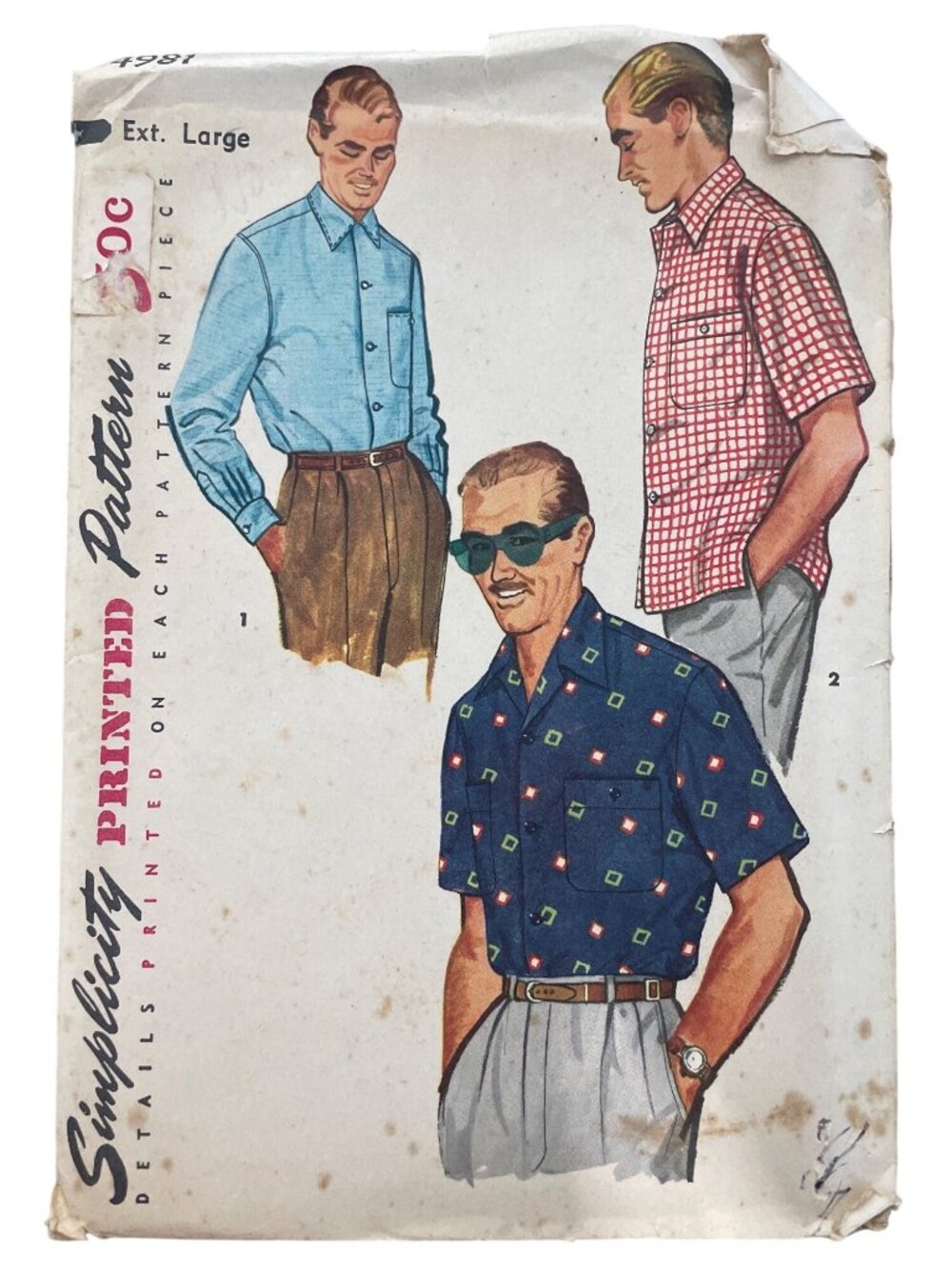 Vintage Simplicity 4981 Mens Sewing Pattern XL Casual Sport Shirts Retro UNCUT